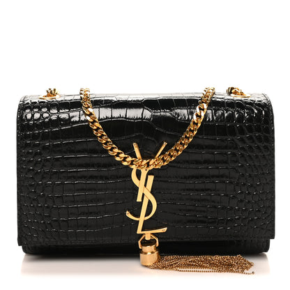 Saint Laurent Calfskin Crocodile Embossed Small Classic Monogram Kate Tassel Satchel Black 1 of 10