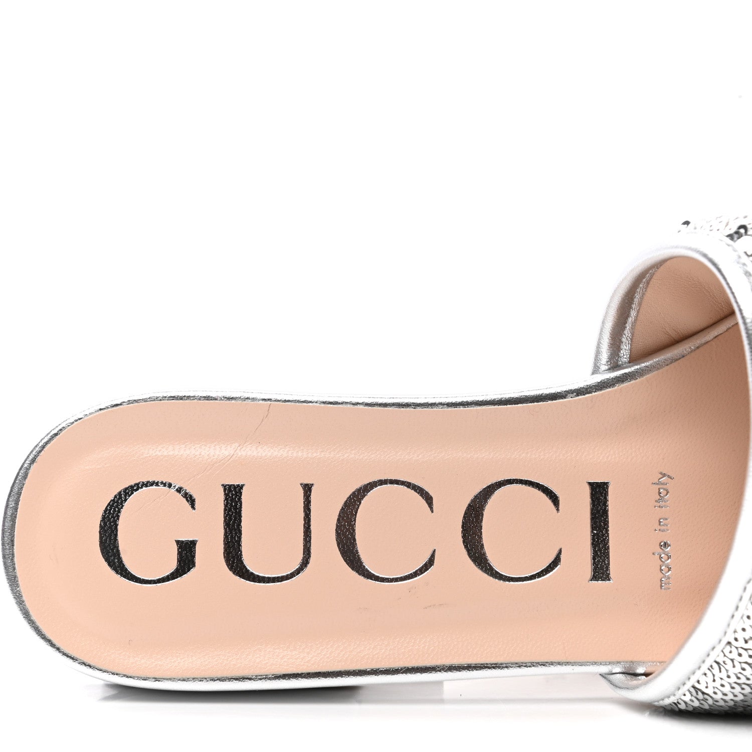 Gucci Sequin Metallic Nappa GG Marmont Flat Slide Sandals 39 Silver 8 of 9