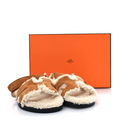 Hermes Suede Goatskin Woolskin Womens Chypre Sandals 39 Brun Fume Ecru 9 of 9