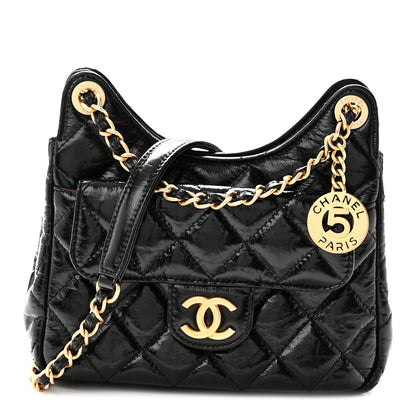 Chanel Shiny Crumpled Calfskin Quilted Small Wavy CC Hobo Black 1 of 10