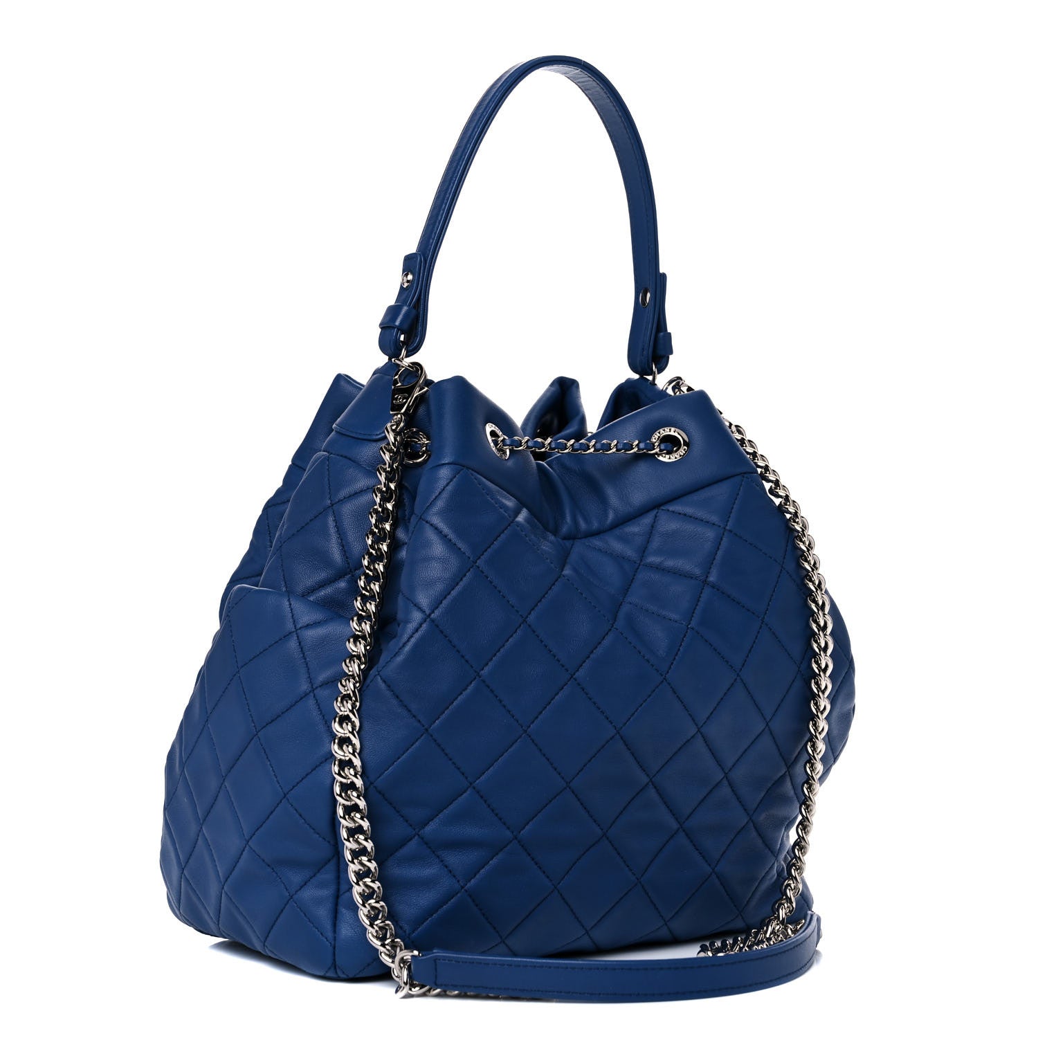 Chanel Lambskin Quilted CC Chain Bucket Drawstring Bag Blue 3 of 10
