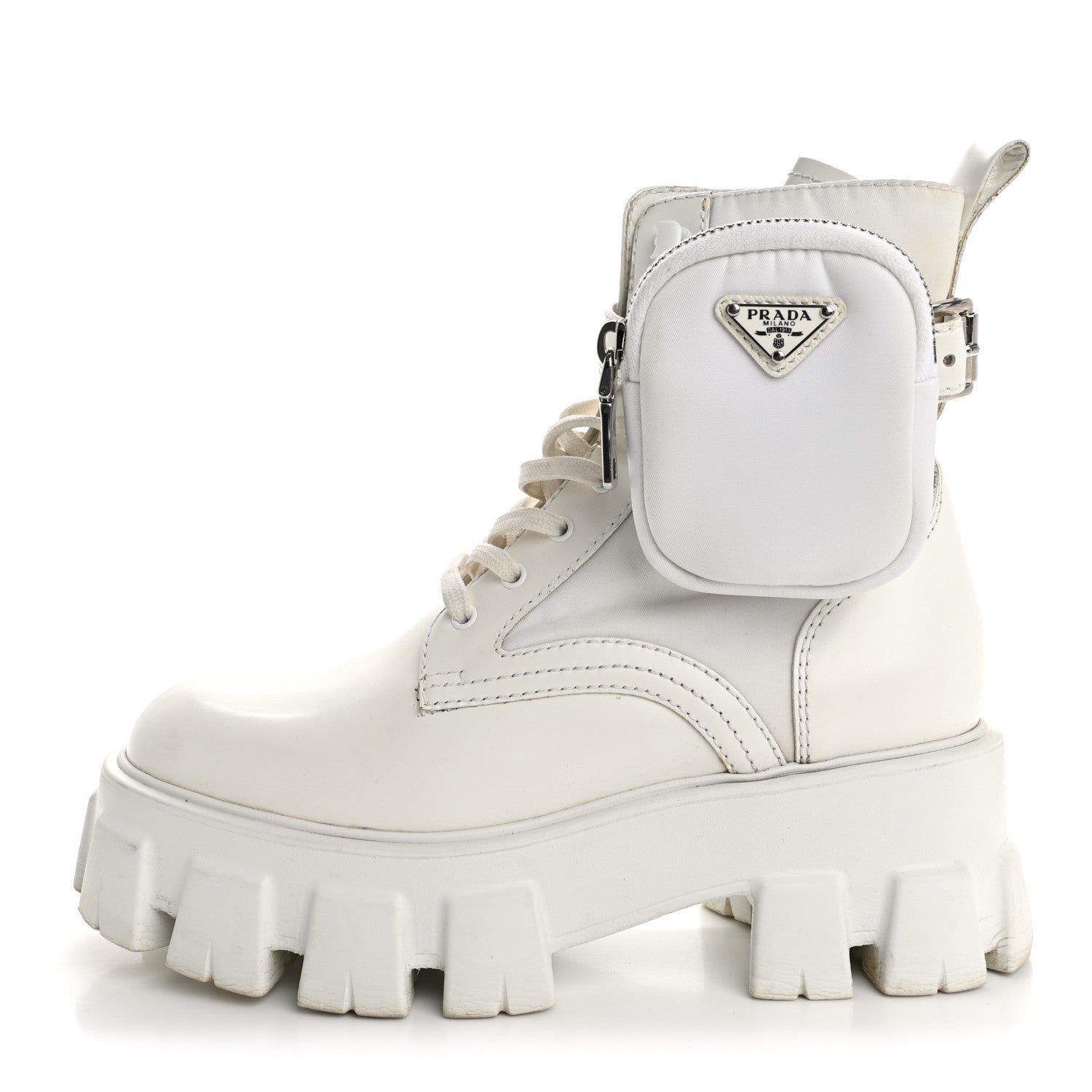 Prada Spazzolato Rois Re-Nylon Metal Triangle Logo Monolith Pouch Pocket 55mm Boots 36 White 1 of 16