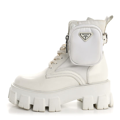 Prada Spazzolato Rois Re-Nylon Metal Triangle Logo Monolith Pouch Pocket 55mm Boots 36 White 1 of 16