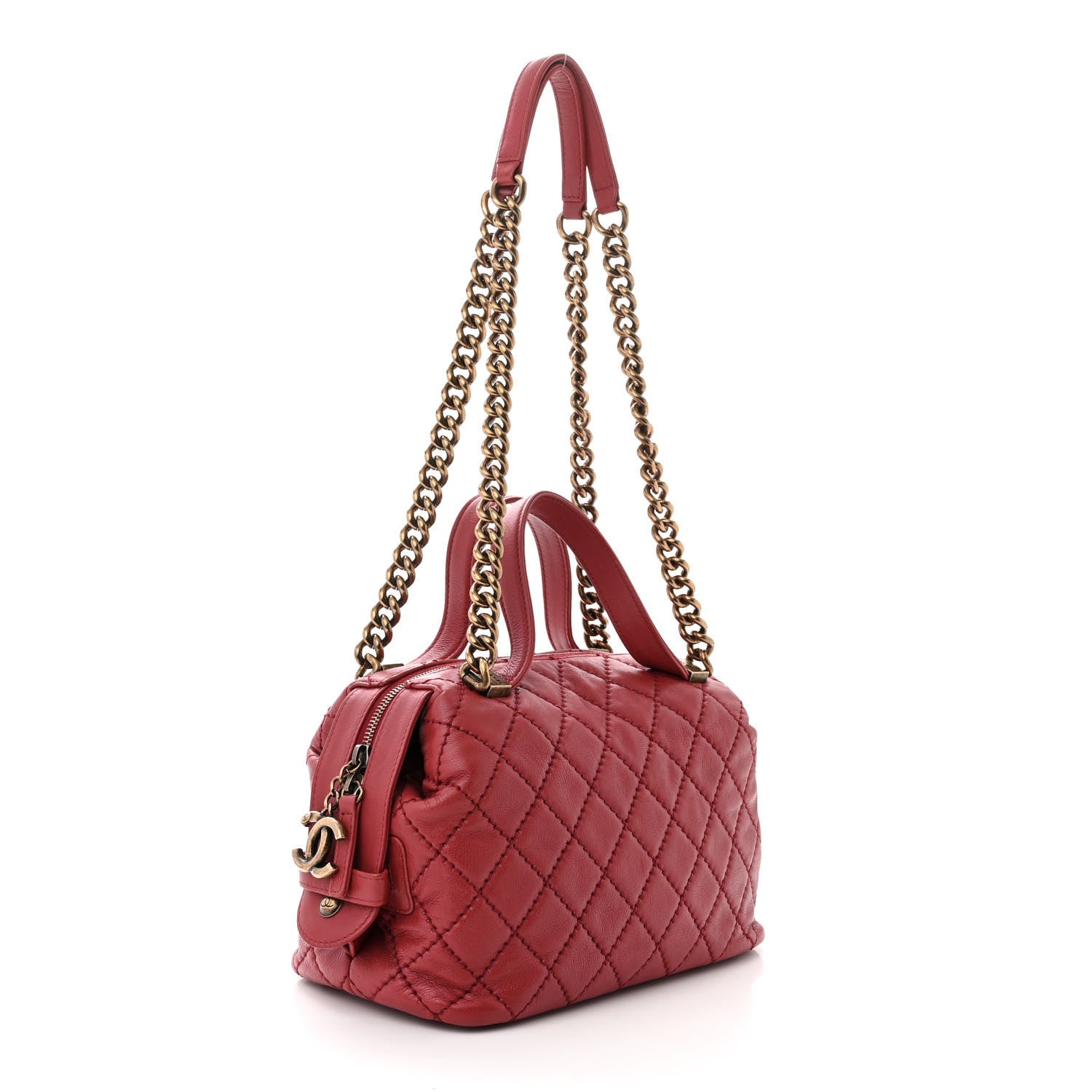 Chanel Calfskin Stitched Bowling Bag Red 3 of 10