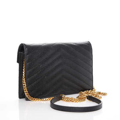 Saint Laurent Grain De Poudre Matelasse Chevron Monogram Envelope Chain Wallet Black 3 of 9