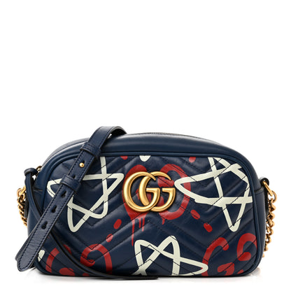 Gucci Calfskin Matelasse GucciGhost Small GG Marmont Chain Shoulder Bag Blue Agata Hibiscus Red 1 of 10