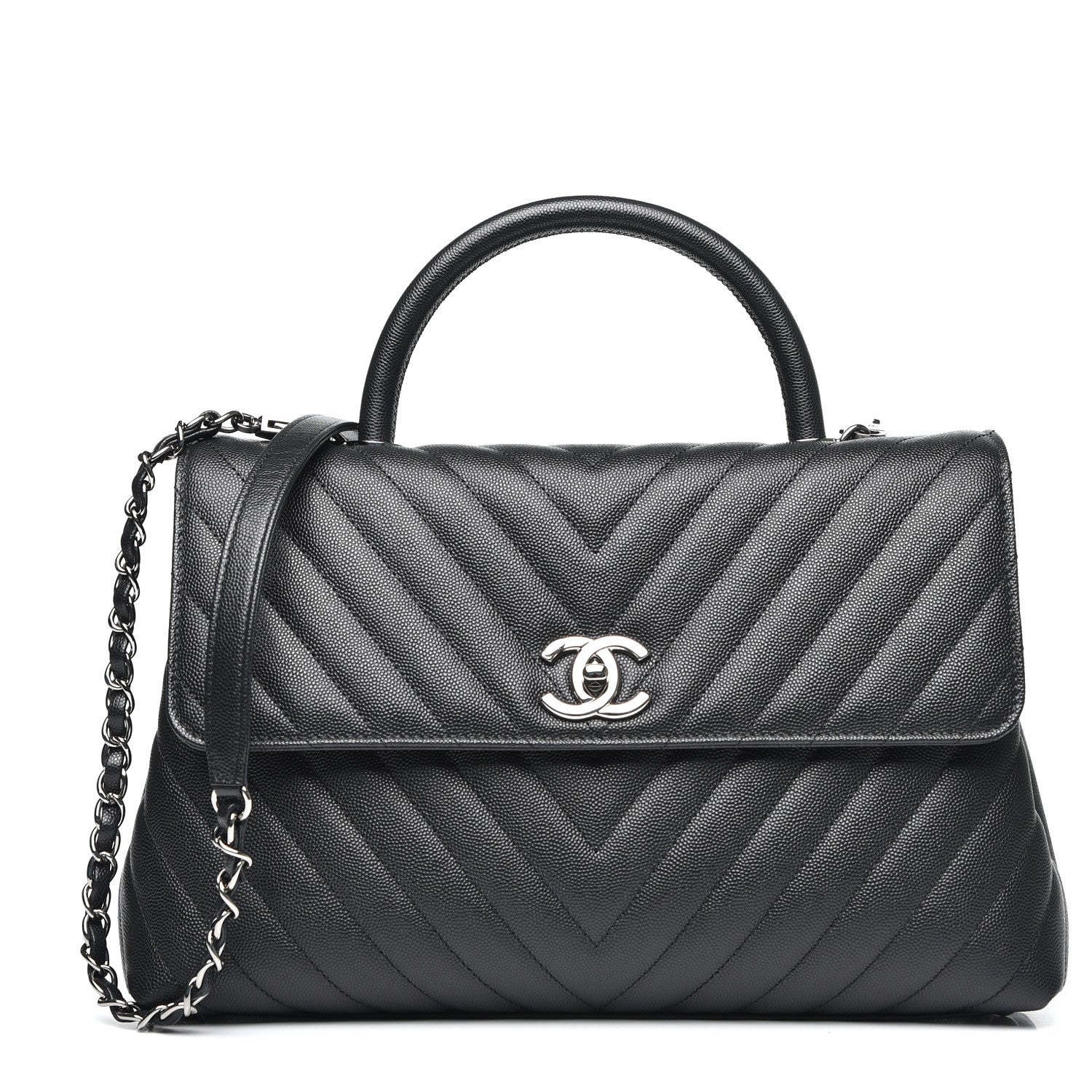 Chanel Caviar Chevron Quilted Medium Coco Handle Flap Black 1 of 9