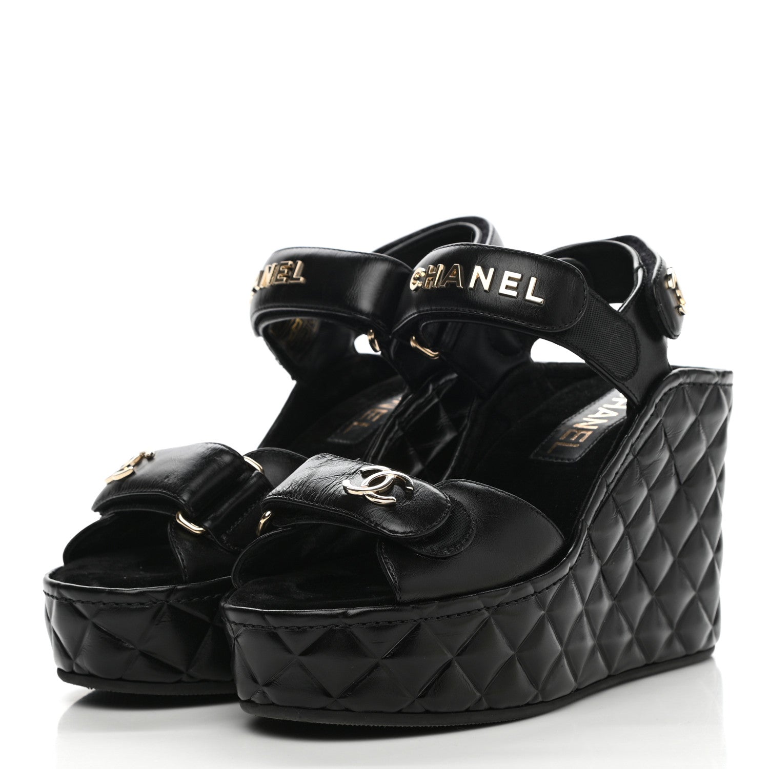 Chanel Shiny Calfskin Quilted Wedge Sandals 35 Black 3 of 8
