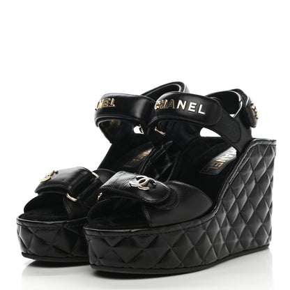 Chanel Shiny Calfskin Quilted Wedge Sandals 35 Black 3 of 8