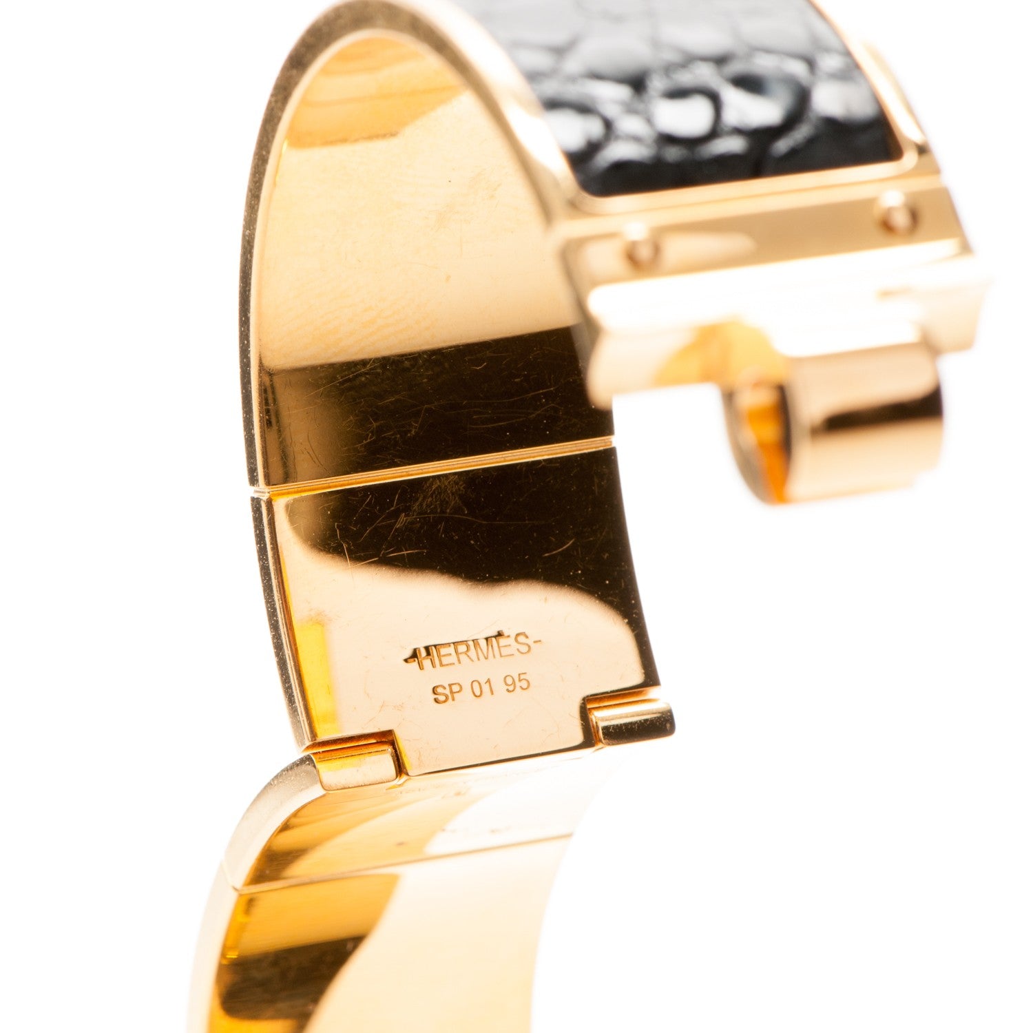 Hermes Shiny Alligator Charniere Cuir Wide Hinged Bracelet S Black 5 of 7