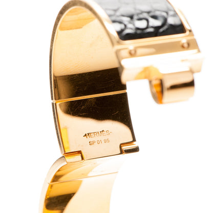 Hermes Shiny Alligator Charniere Cuir Wide Hinged Bracelet S Black 5 of 7