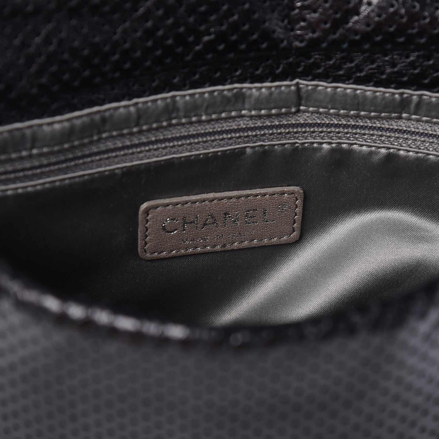 Metallic Crackled Calfskin Large Perforated Drill Flap Black