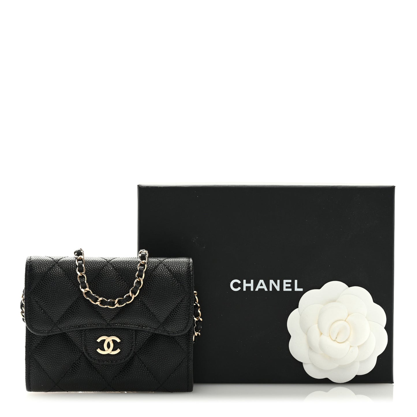 Caviar Quilted Flap Card Holder On Chain Black