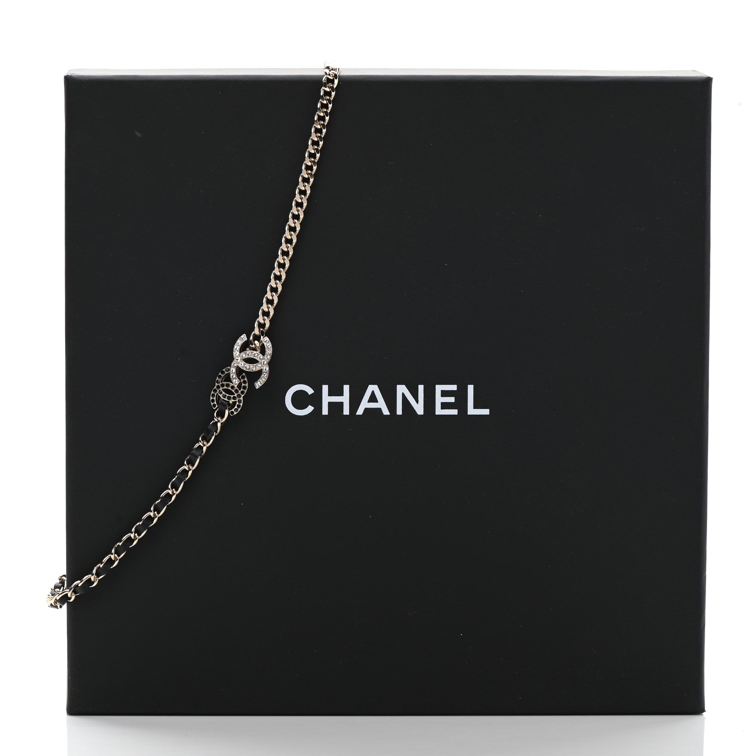 Chanel Metal Calfskin Crystal Double CC Short Necklace Black Gold 7 of 7