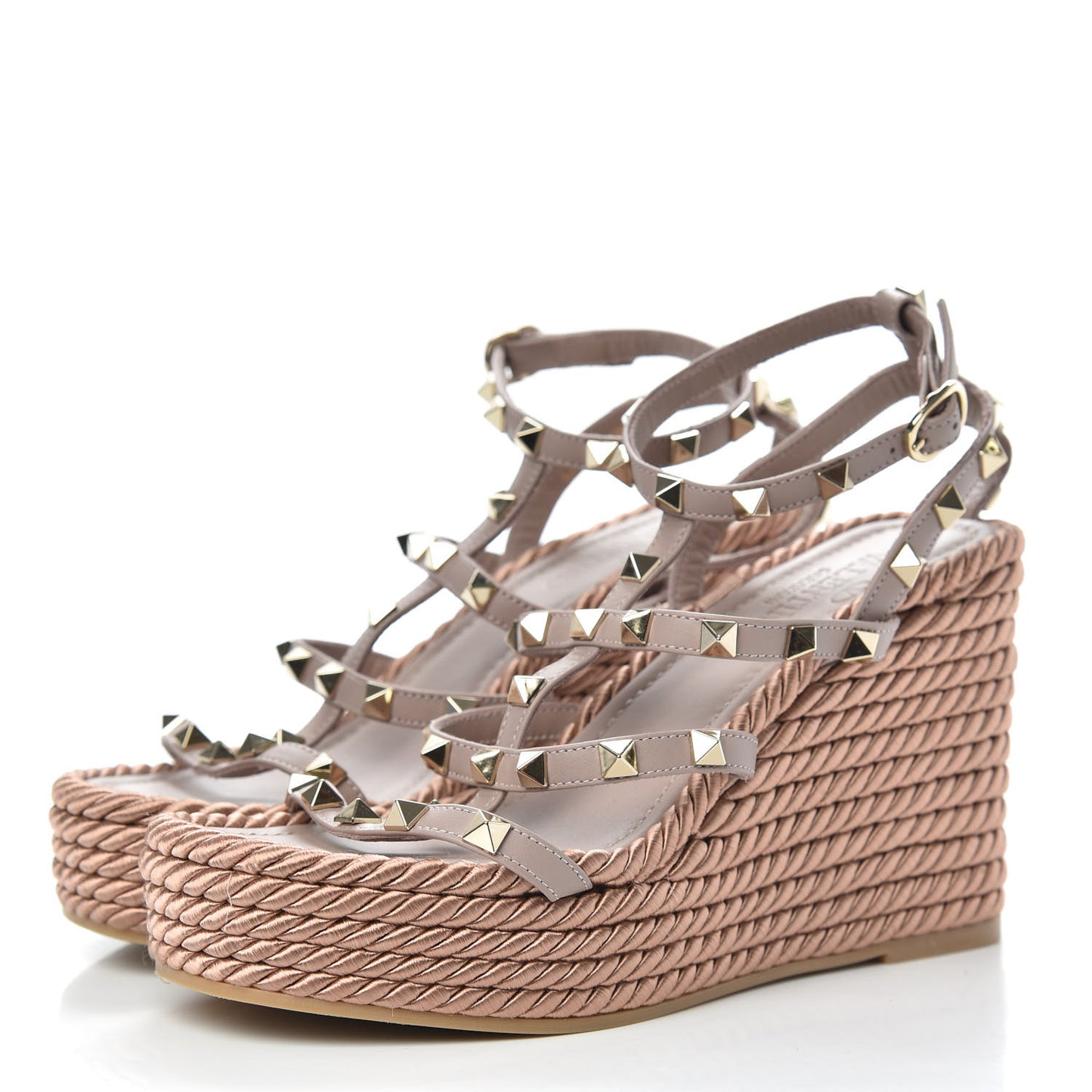 Calfskin Rockstud Ankle Strap Torchon Espadrille Caged 25/95mm Wedge Sandals 35 Poudre