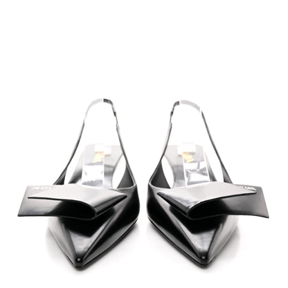 Prada Spazzolato Logo Pointed Toe 45mm Slingback Pumps 40 Black 2 of 12