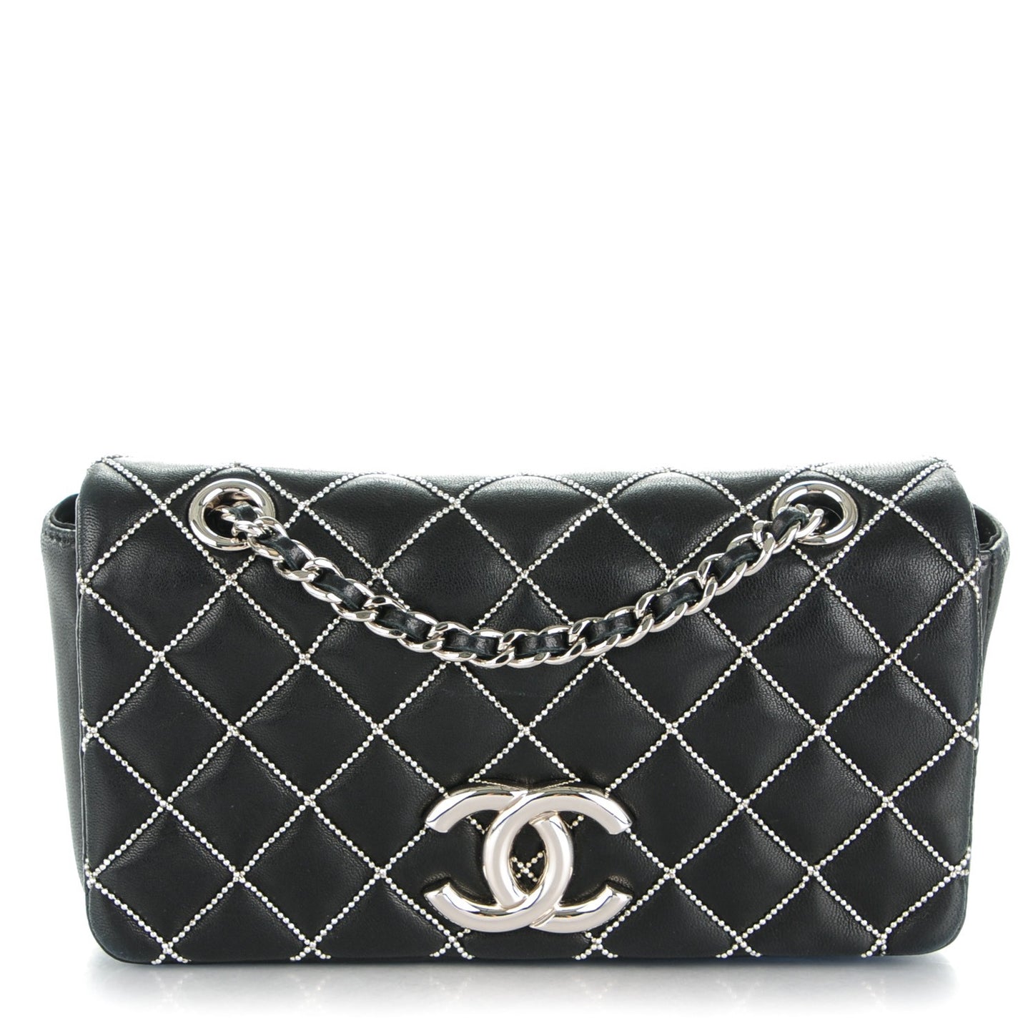Lambskin Studded Mini Metal Beauty Flap Black