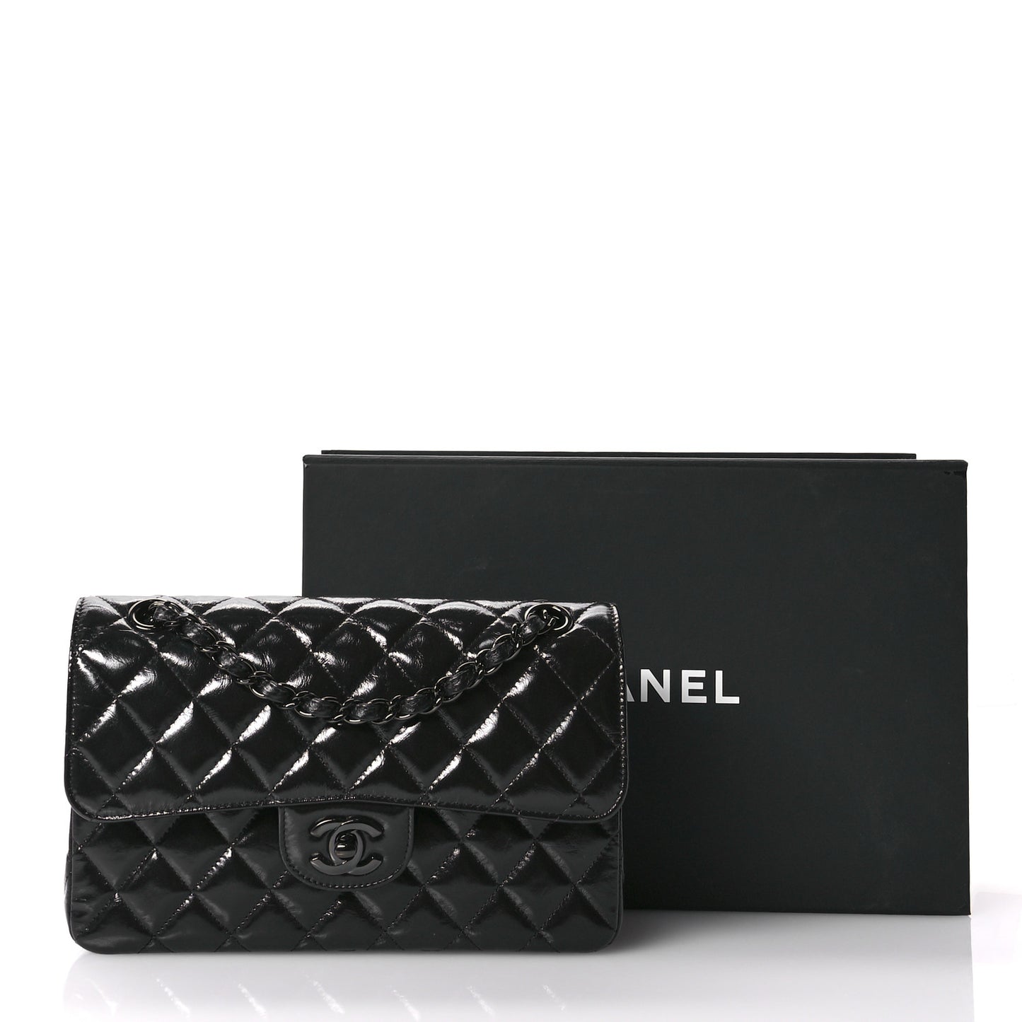 Shiny Crumpled Calfskin Quilted Small Double Flap So Black