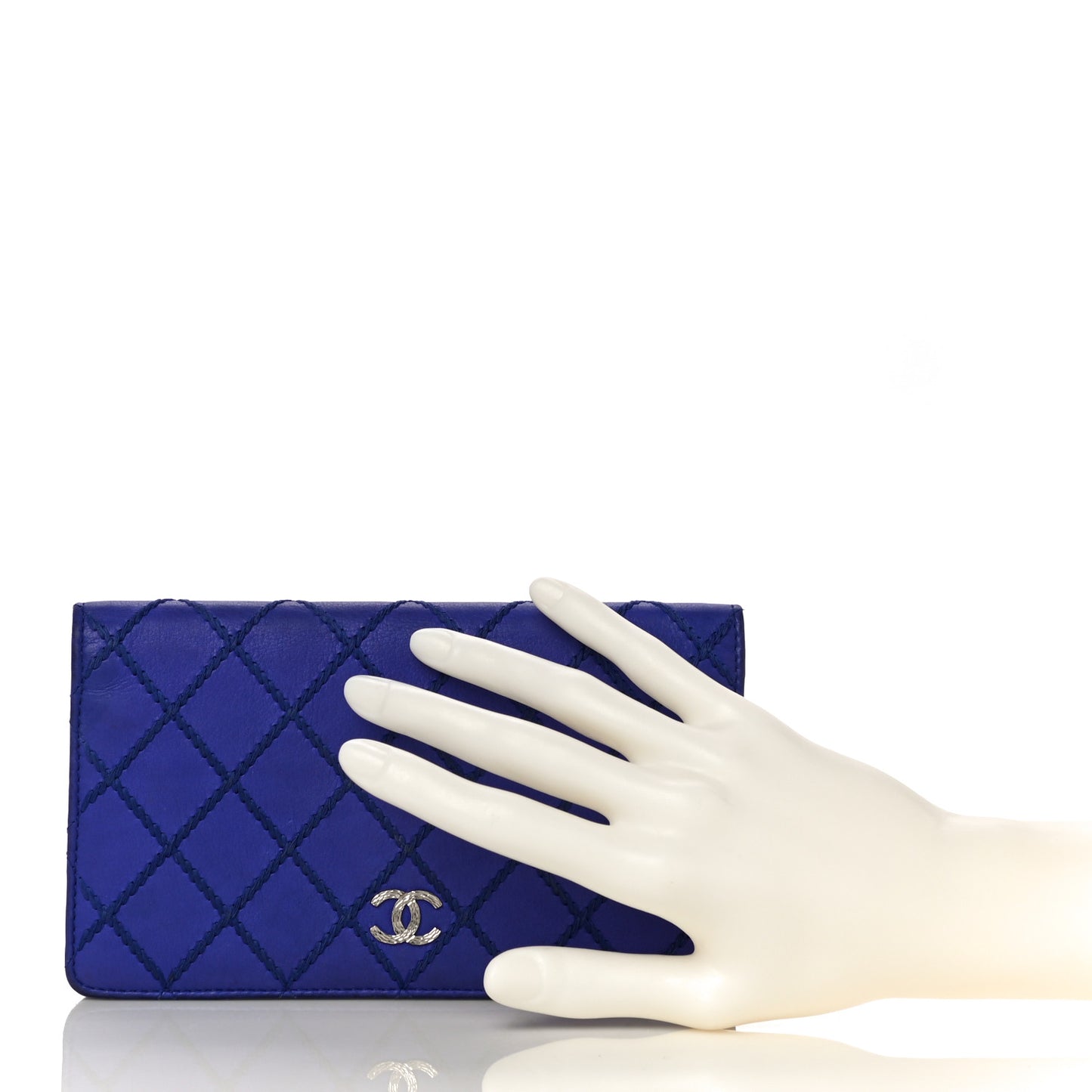 Calfskin Stitched Fancy CC Yen Wallet Blue