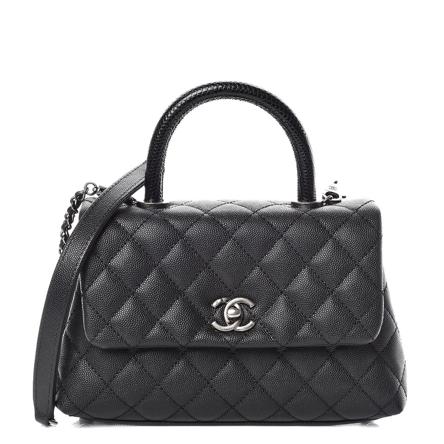 Caviar Lizard Quilted Mini Coco Handle Flap Black