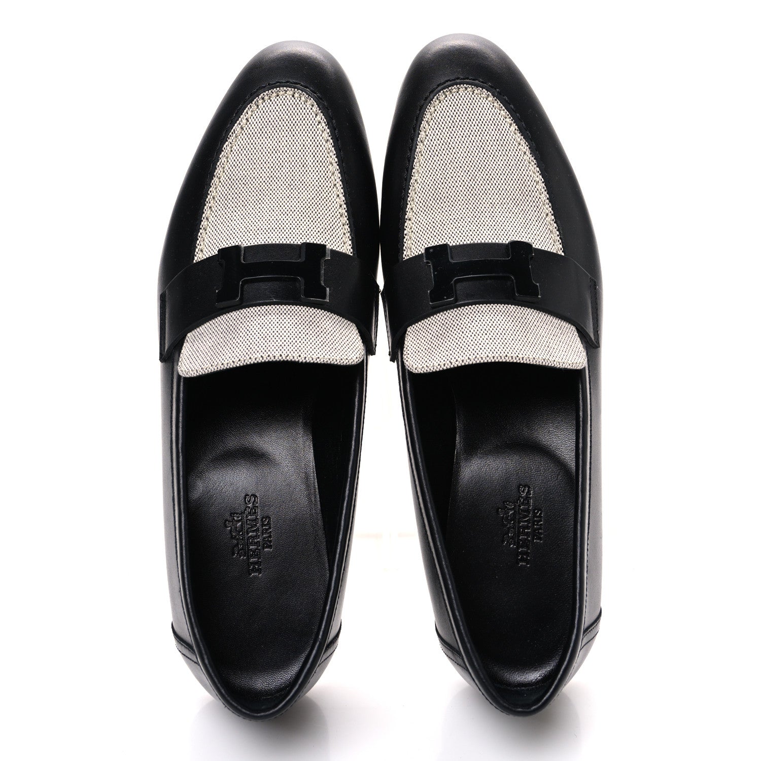 Hermes Toile De Coton Calfskin Womens Paris Loafers 37 Black Prunoir 2 of 11