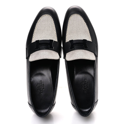 Hermes Toile De Coton Calfskin Womens Paris Loafers 37 Black Prunoir 2 of 11