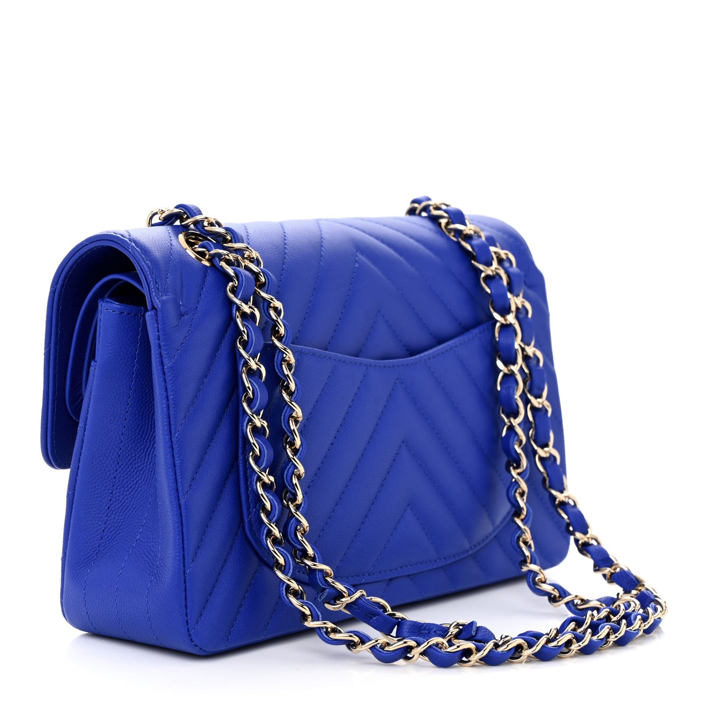 Caviar Chevron Quilted Small Double Flap Blue