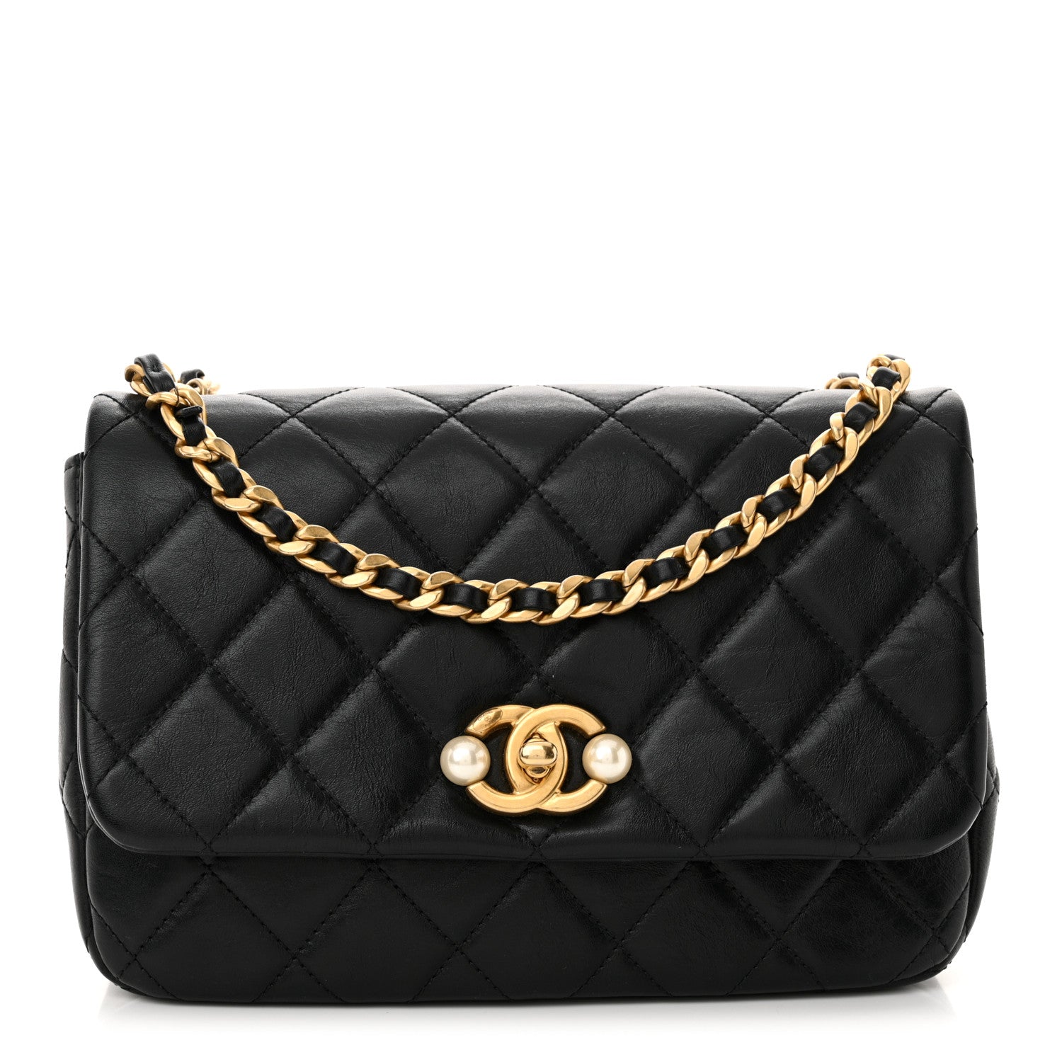 Chanel Glazed Calfskin Quilted Pearl Side Flap Black 1 of 11