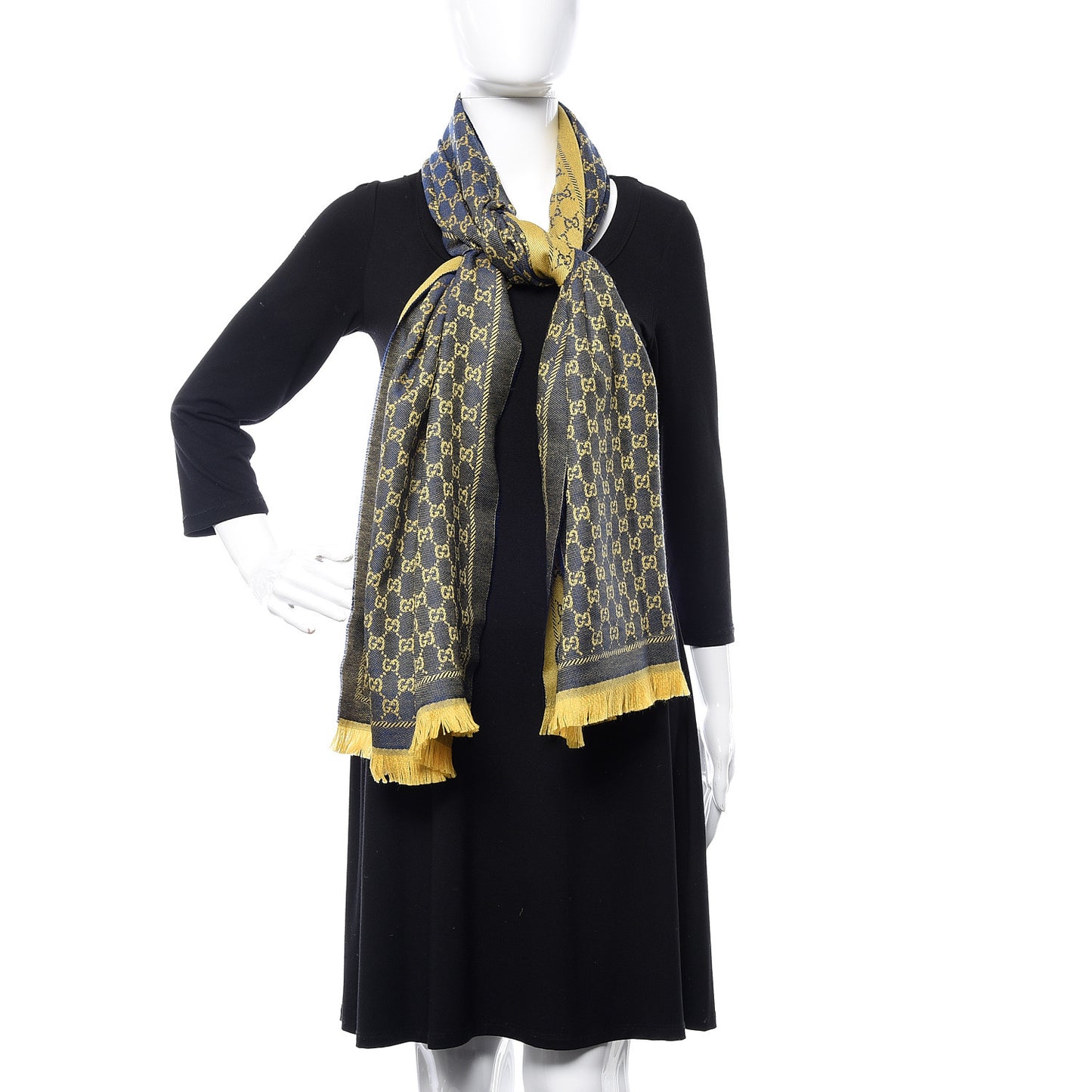 Wool Monogram Fringe Scarf Navy Yellow