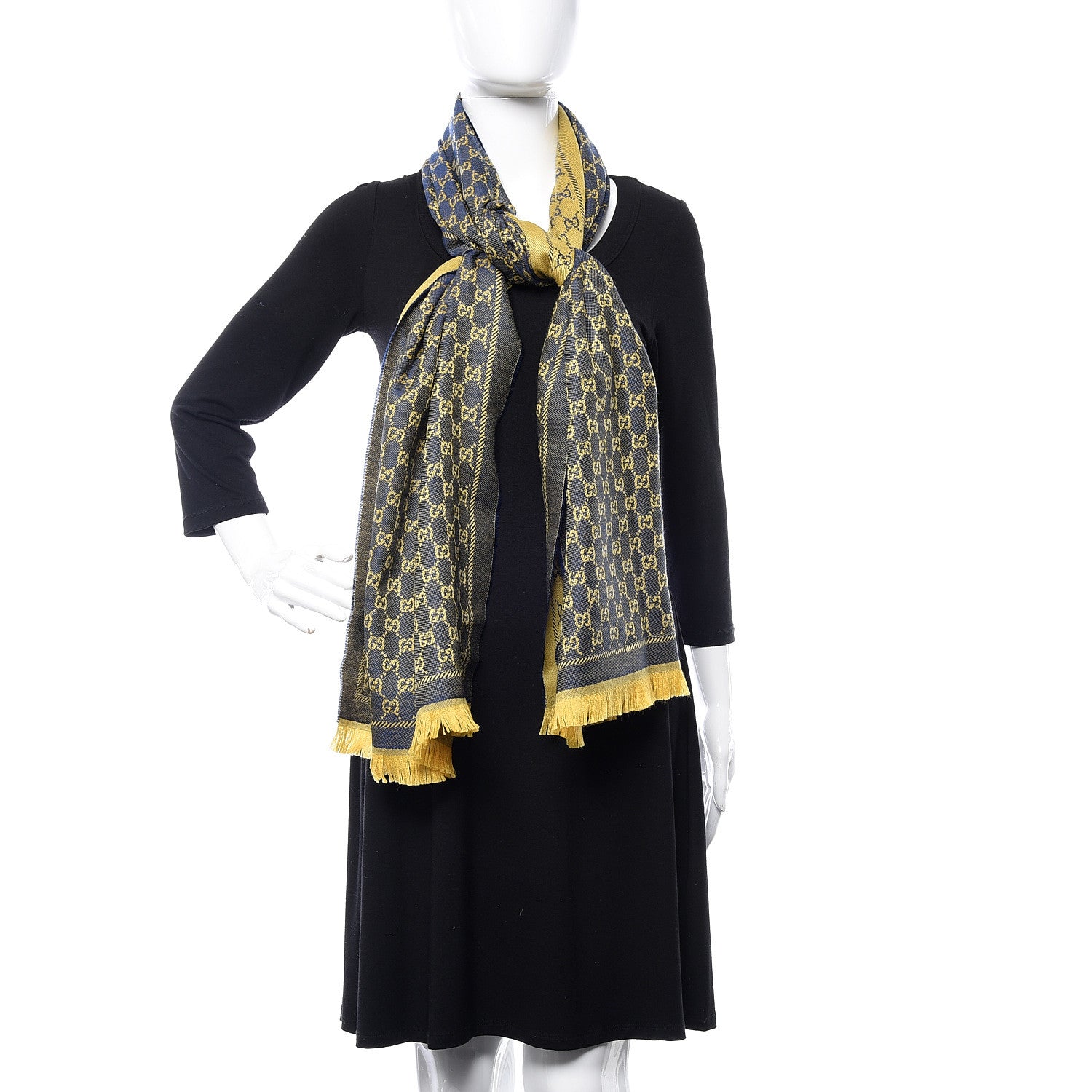 Gucci Wool Monogram Fringe Scarf Navy Yellow 2 of 5
