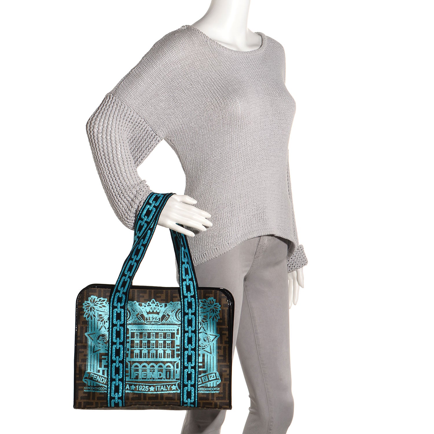 Fendi Zucca Spalmati Palazzo Print Web Tote Tobacco Turchese 2 of 10