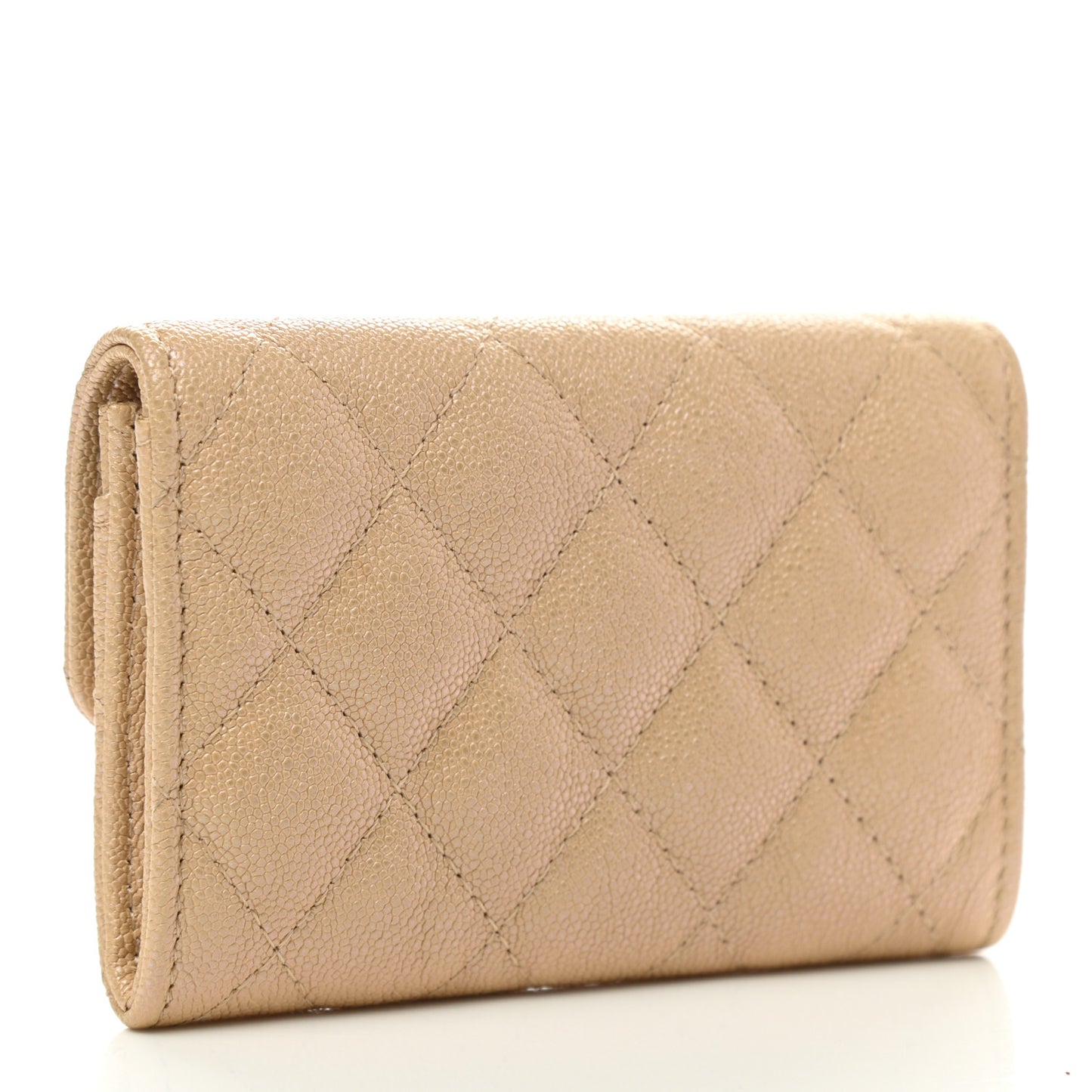 Iridescent Caviar Quilted Flap Card Holder Beige