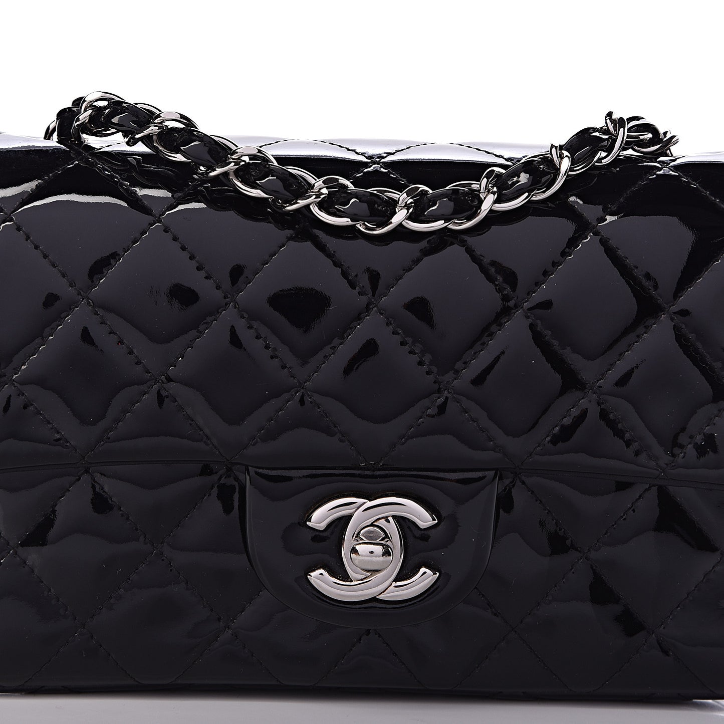 Patent Calfskin Quilted Mini Rectangular Flap Black