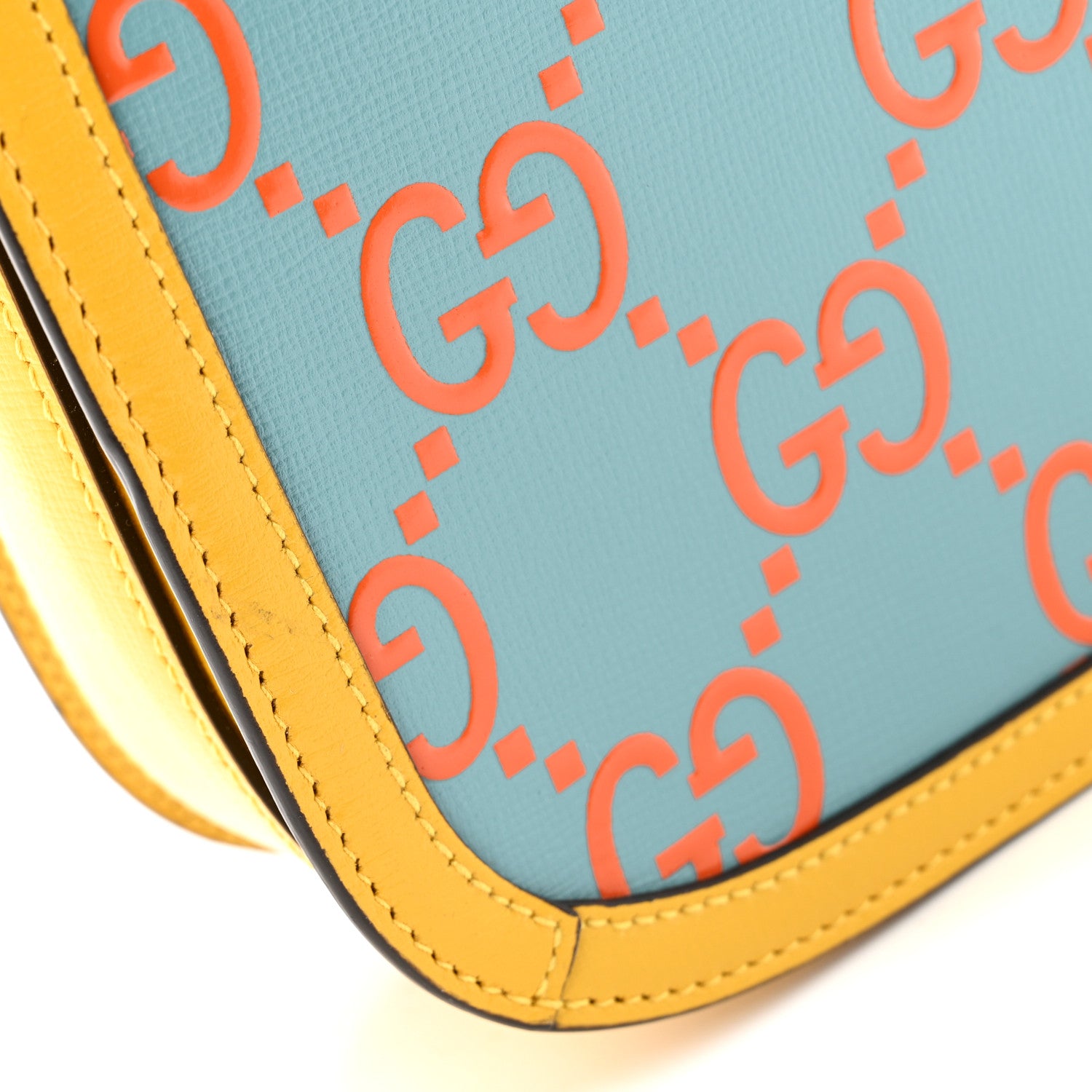 Gucci Azalea Calfskin GG Monogram Bi-Color Debossed Horsebit 1955 Shoulder Bag Dusty Azure Stone Topaz Deep Orange 14 of 16