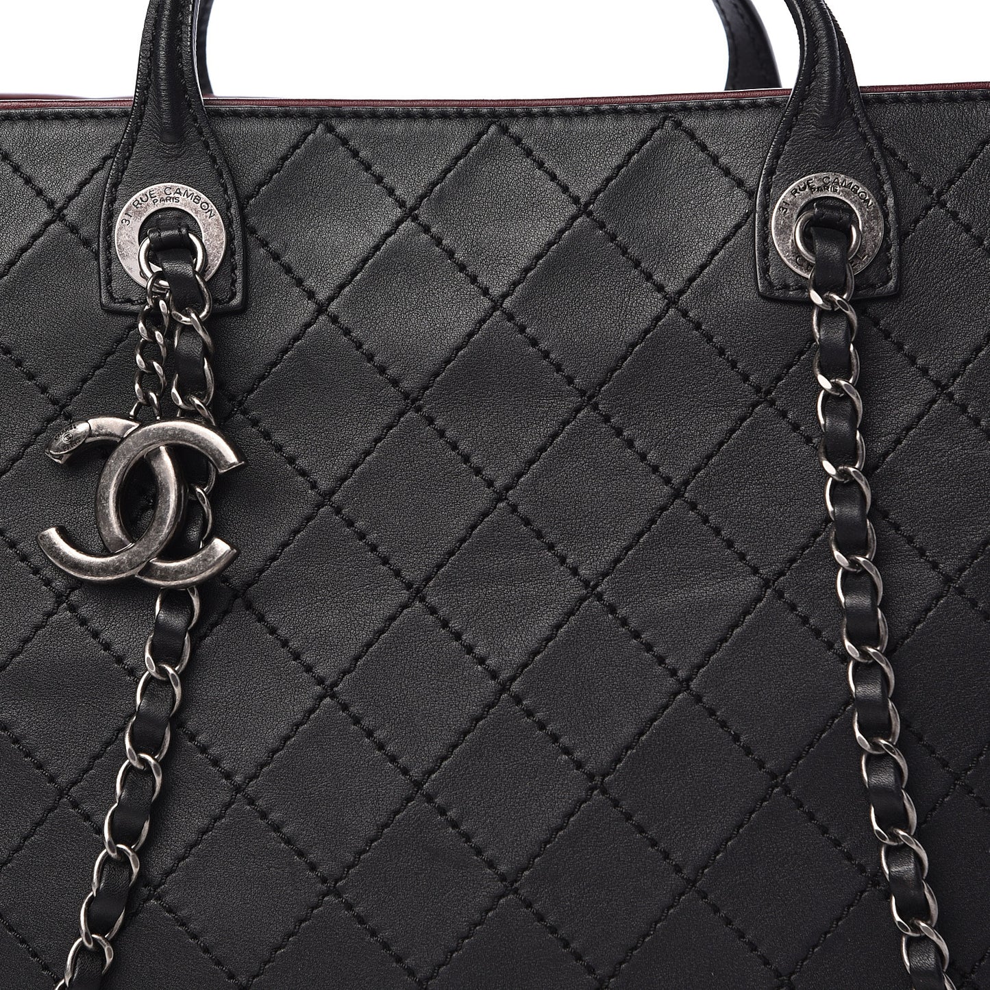 Calfskin Stitched Large Shopping Tote Black