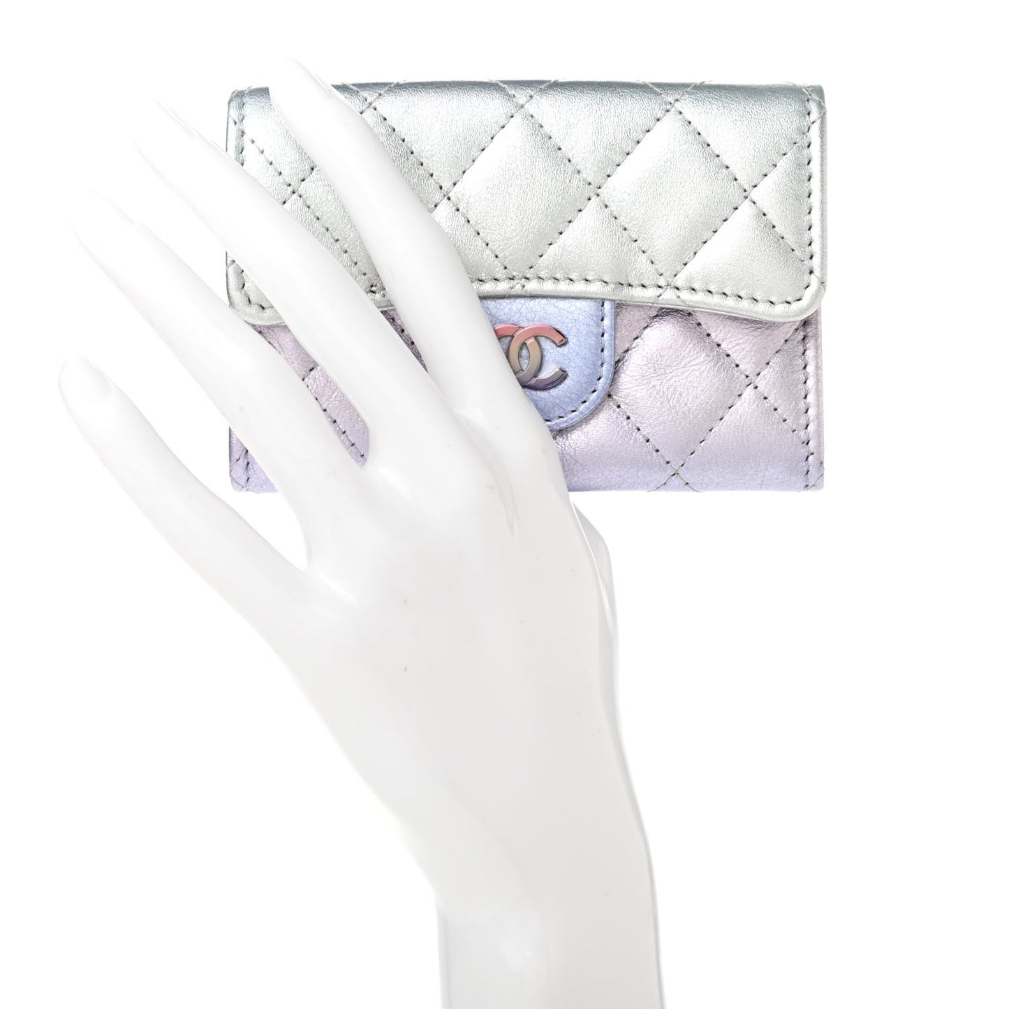 Gradient Metallic Calfskin Quilted Flap Card Holder Wallet Silver Blue Yellow Purple