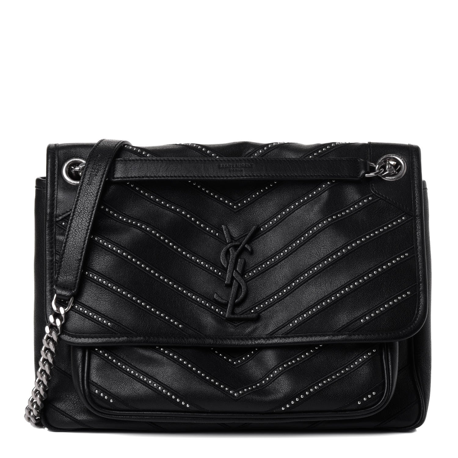 Saint Laurent Calfskin Matelasse Monogram Microstud Medium Niki Chain Satchel Black 1 of 4