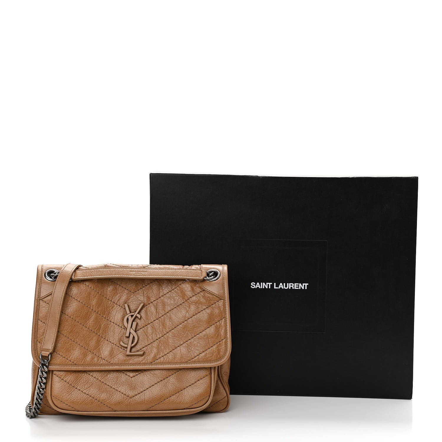 Saint Laurent Crinkled Calfskin Matelasse Monogram Medium Niki Chain Satchel Natural Tan 10 of 10