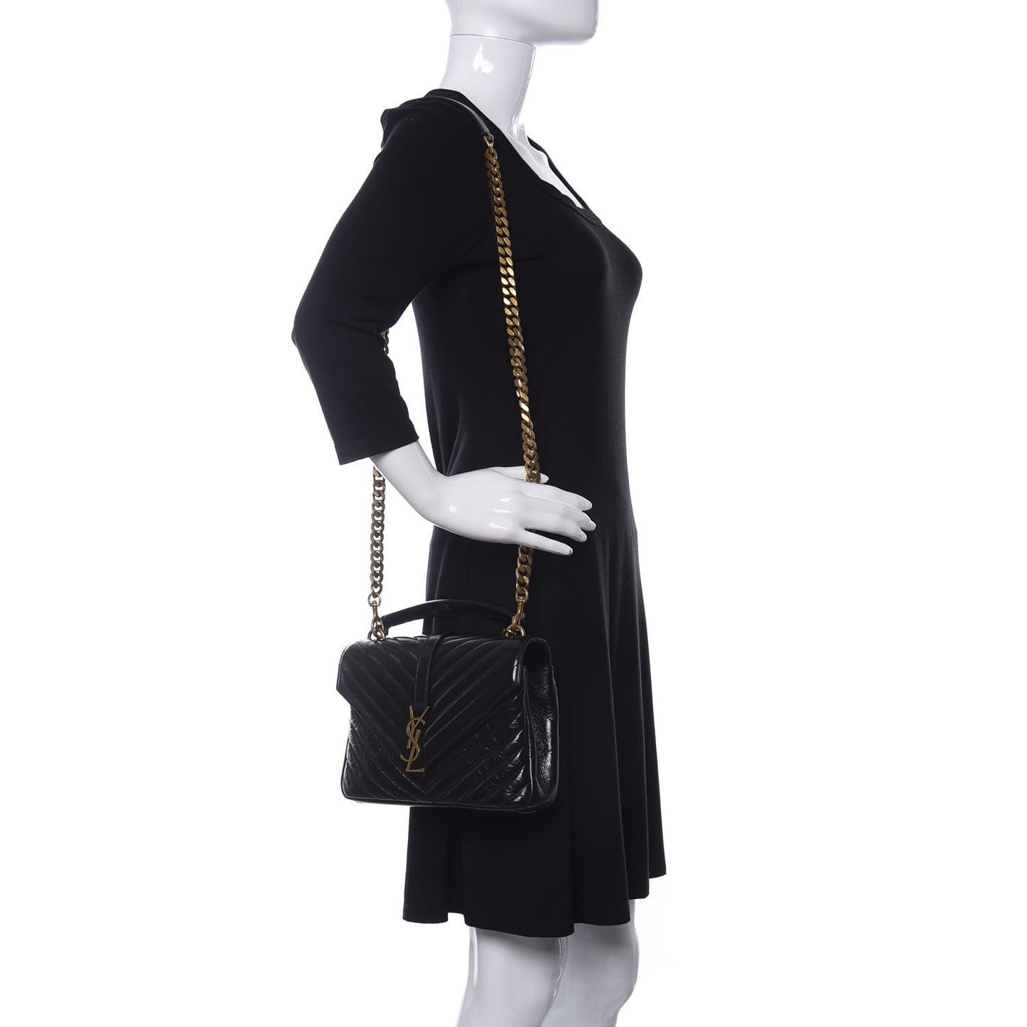 Cracked Shiny Calfskin Matelasse Chevron Monogram Medium College Bag Black