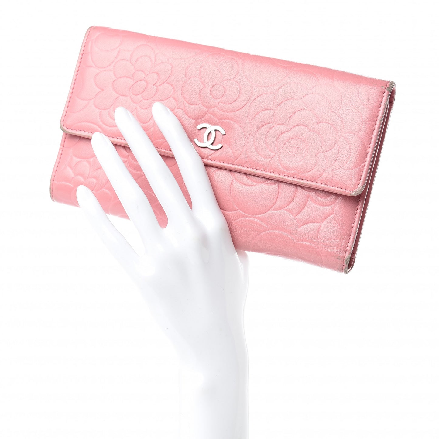 Lambskin Embossed Camellia Large Gusset Flap Wallet Pink