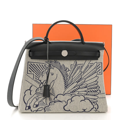 Hermes Vache Hunter Toile H Pegase Pop Herbag Zip Retourne 31 PM Bleu Indigo Ecru Black 14 of 14