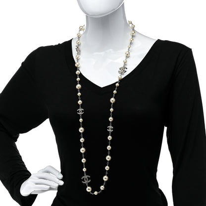 Chanel Graduated Pearl Crystal CC Long Necklace Silver 2 of 6