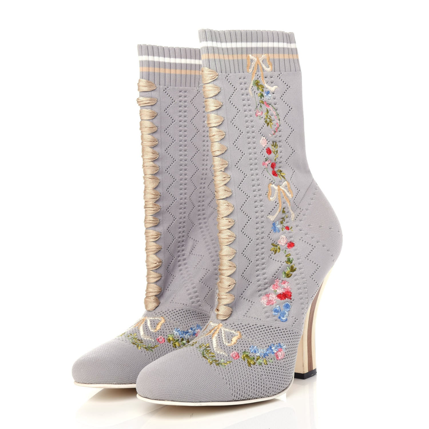 Fendi Stretch Fabric Floral Embroidered Openwork Rockoko 105mm Sock Boots 40 Gray 3 of 11