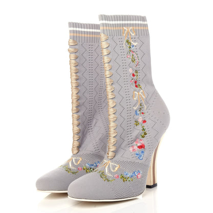 Fendi Stretch Fabric Floral Embroidered Openwork Rockoko 105mm Sock Boots 40 Gray 3 of 11
