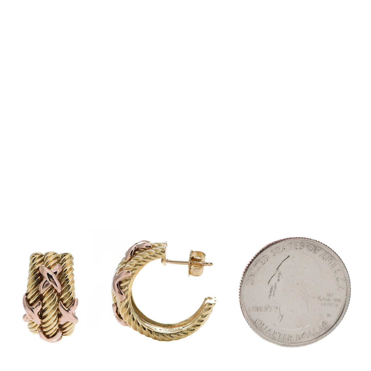 14K Yellow Rose Gold Three Row Cable X Earrings