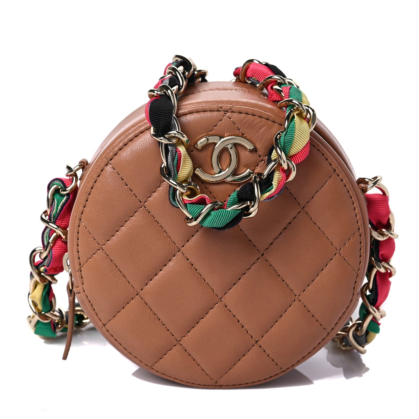 Shiny Lambskin Ribbon Quilted Round Clutch With Chain Brown