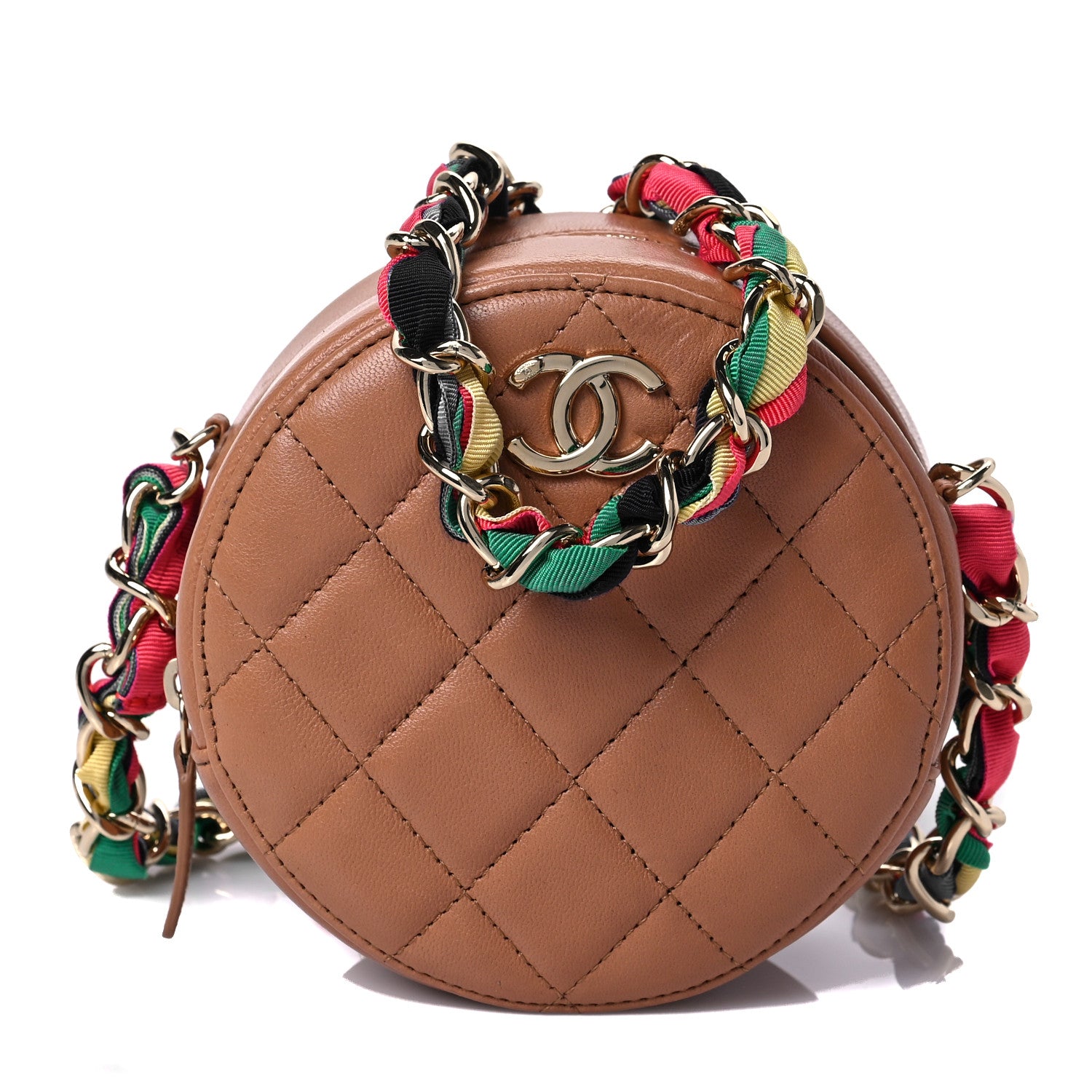Chanel Shiny Lambskin Ribbon Quilted Round Clutch With Chain Brown 1 of 8