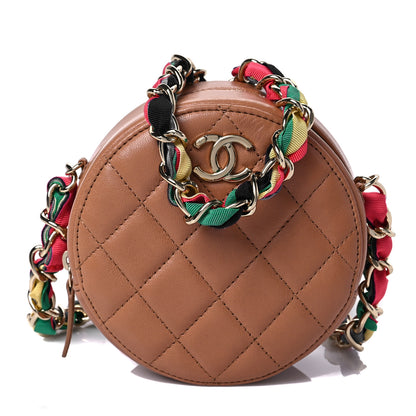 Chanel Shiny Lambskin Ribbon Quilted Round Clutch With Chain Brown 1 of 8