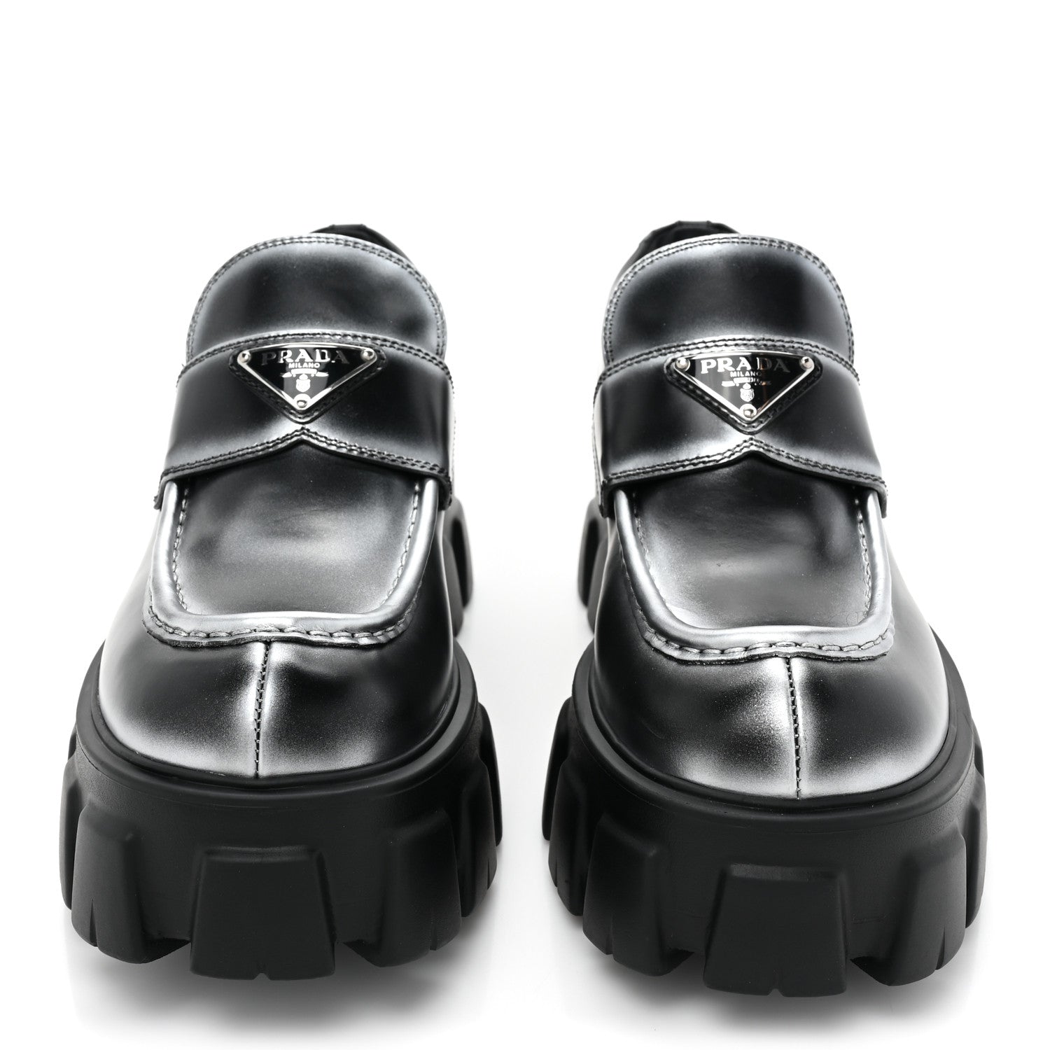 Prada Spazzolato Rois Triangle Monolith 55mm Loafers 39.5 Black Argento 2 of 12