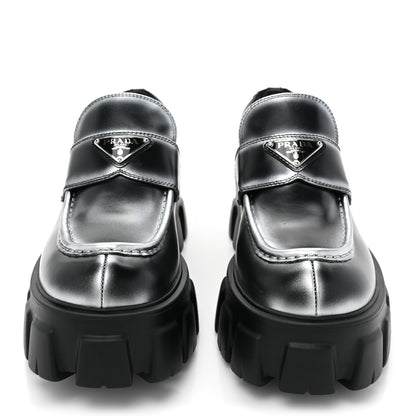 Prada Spazzolato Rois Triangle Monolith 55mm Loafers 39.5 Black Argento 2 of 12